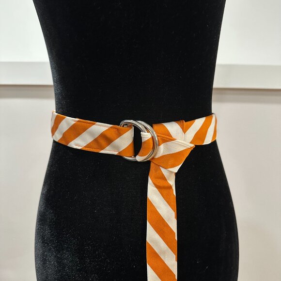 J Crew Women's Orange White Striped Silk D-Ring Buckle Belt Size Medium / Large - Picture 2 of 6